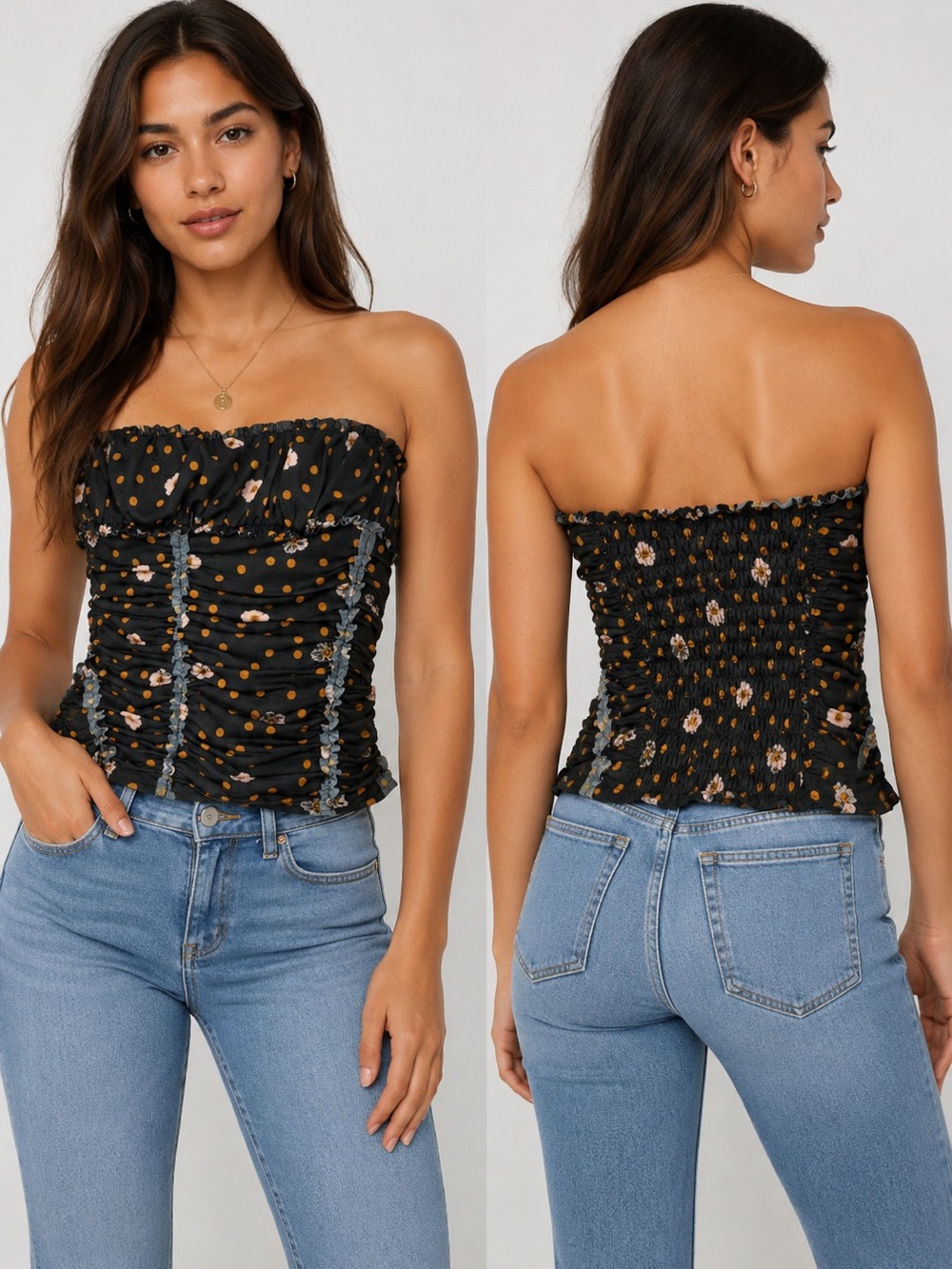 Free People XS Floral Polka Dot Ruched Strapless Tube Top Smocked Boho Y2K